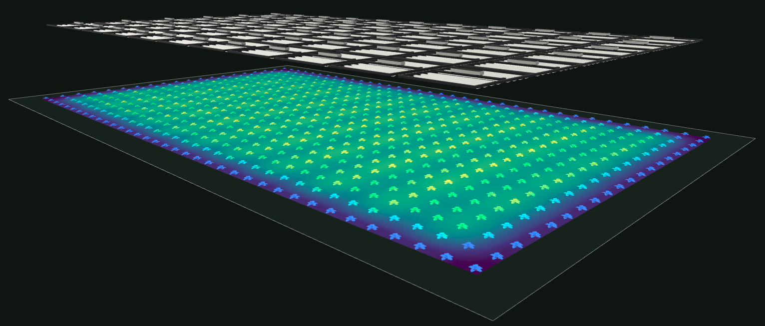 Perspective view of a 30 ft × 50 ft Conventional LED Lighting System above plant geometry colored by modeled surface flux.