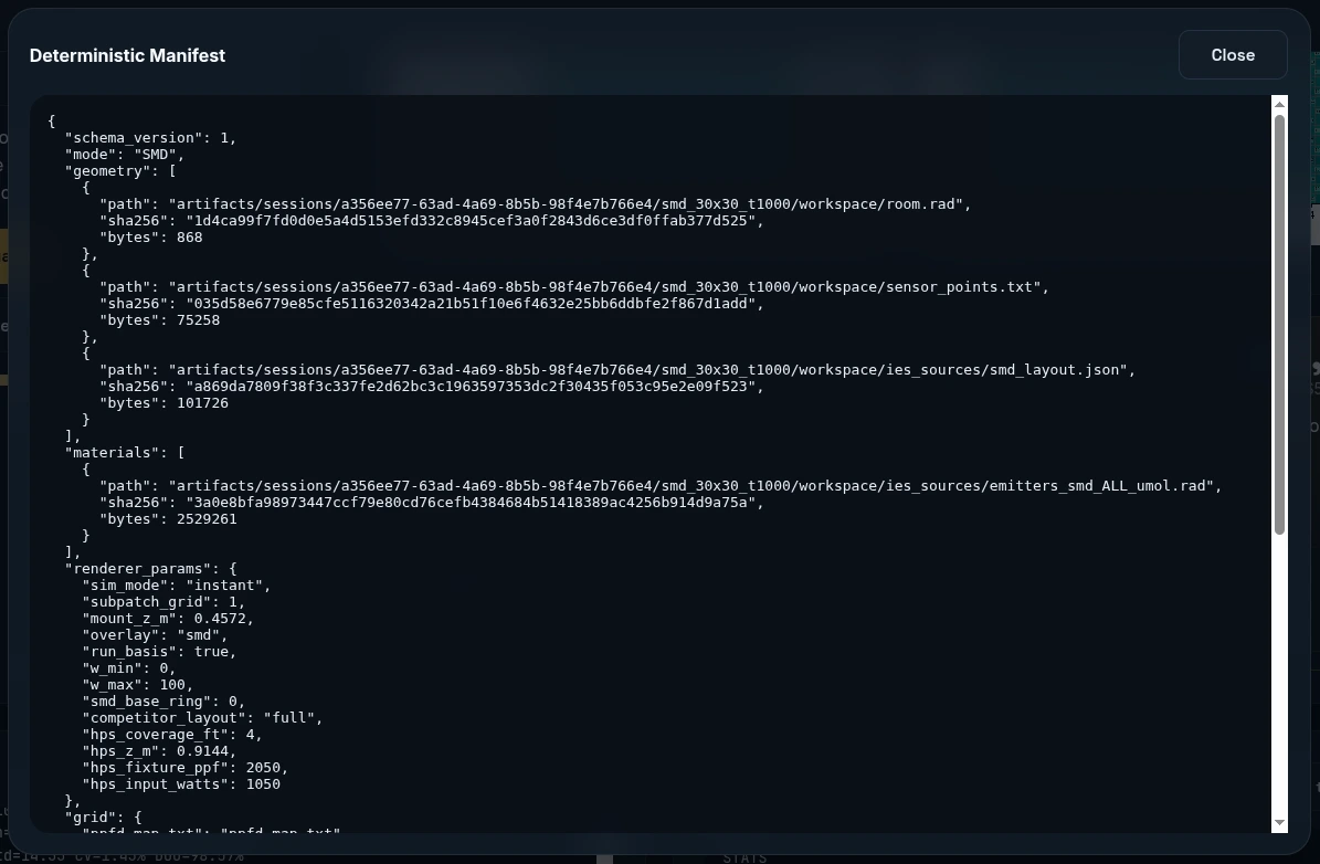 Manifest and run-log output from the RLSE web application showing structured technical documentation for a simulation run.